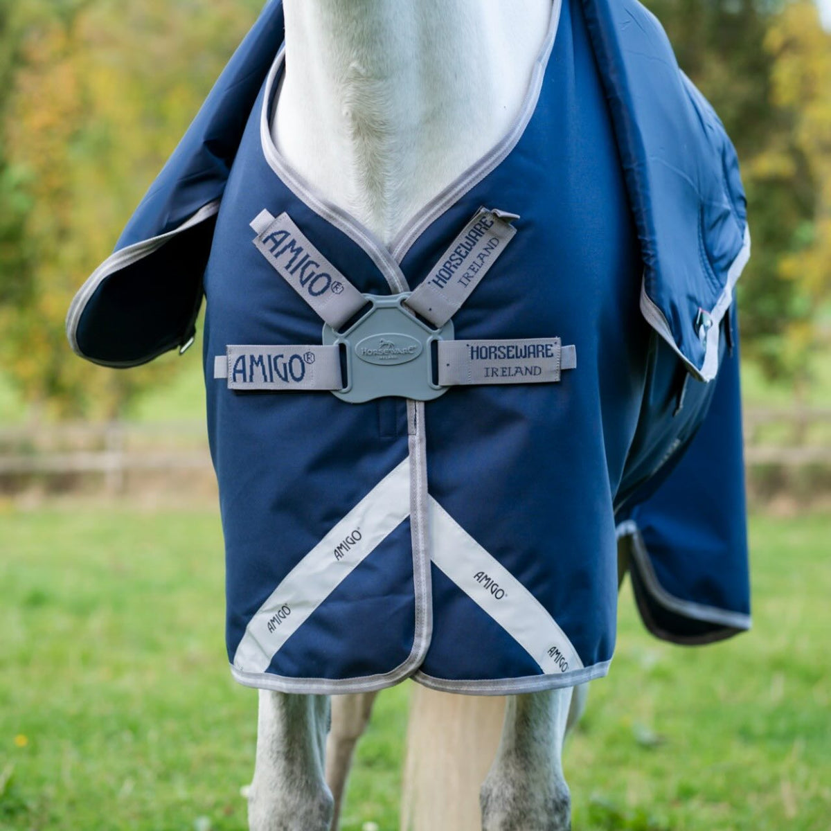 Horseware Ireland Weidedecke Amigo 50g 1200D Turnout Decke, Midsummer Blue, am Pferd auf der Weide.