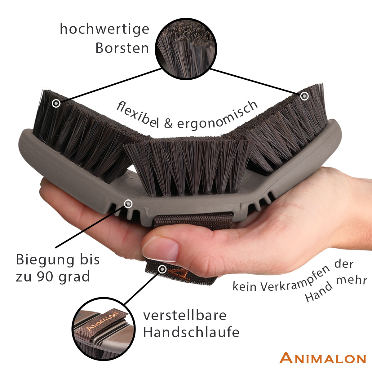 Animalon Kardätsche CareFlex Pferdebürste, Braun, Detailaufnahme in Hand mit flexibler Form.