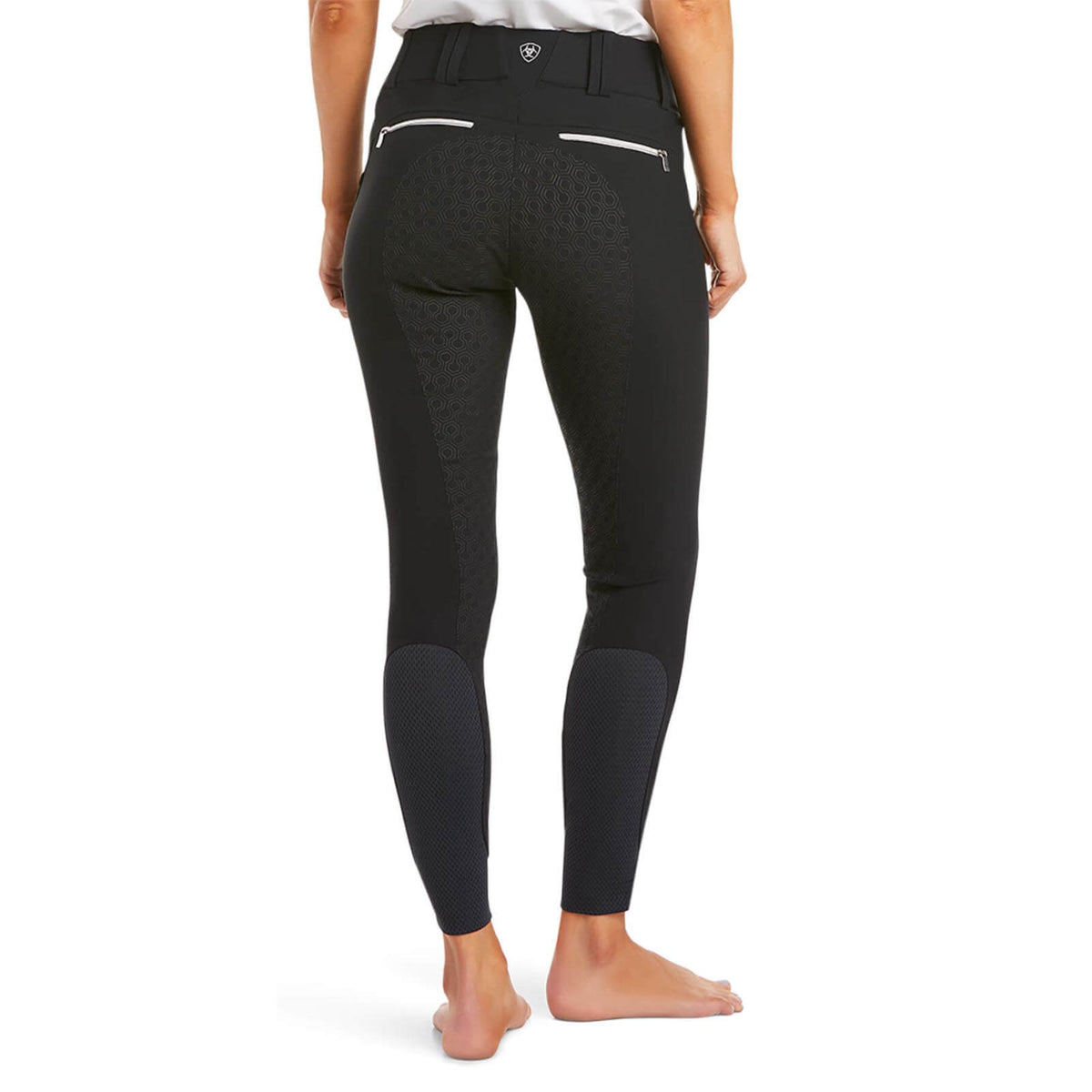 Ariat Reithose Damen Tri Factor X Full Grip Vollbesatz Damenreithose, Schwarz, Rückansicht an einer Frau getragen.