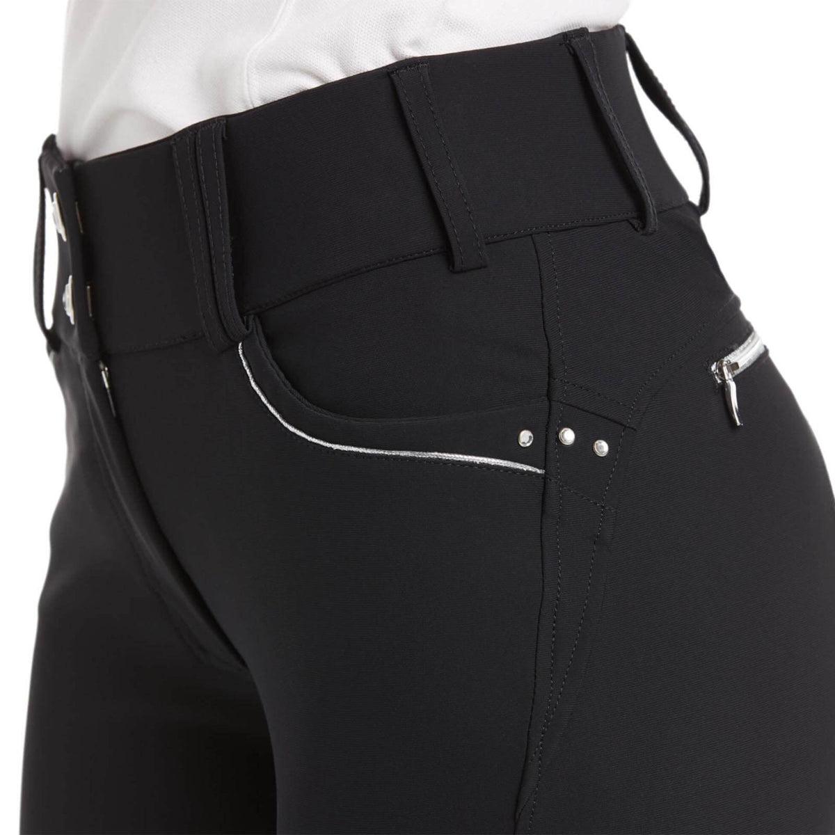 Ariat Reithose Damen Tri Factor X Full Grip Vollbesatz Damenreithose, Schwarz, Detailaufnahme der Hüfte.