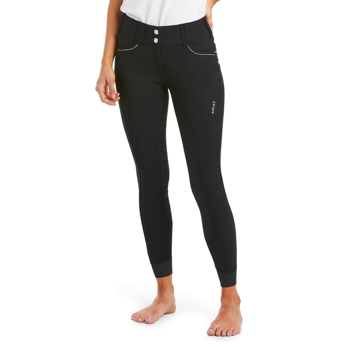 Ariat Reithose Damen Tri Factor X Full Grip Vollbesatz Damenreithose, Black, Person trägt die Reithose.