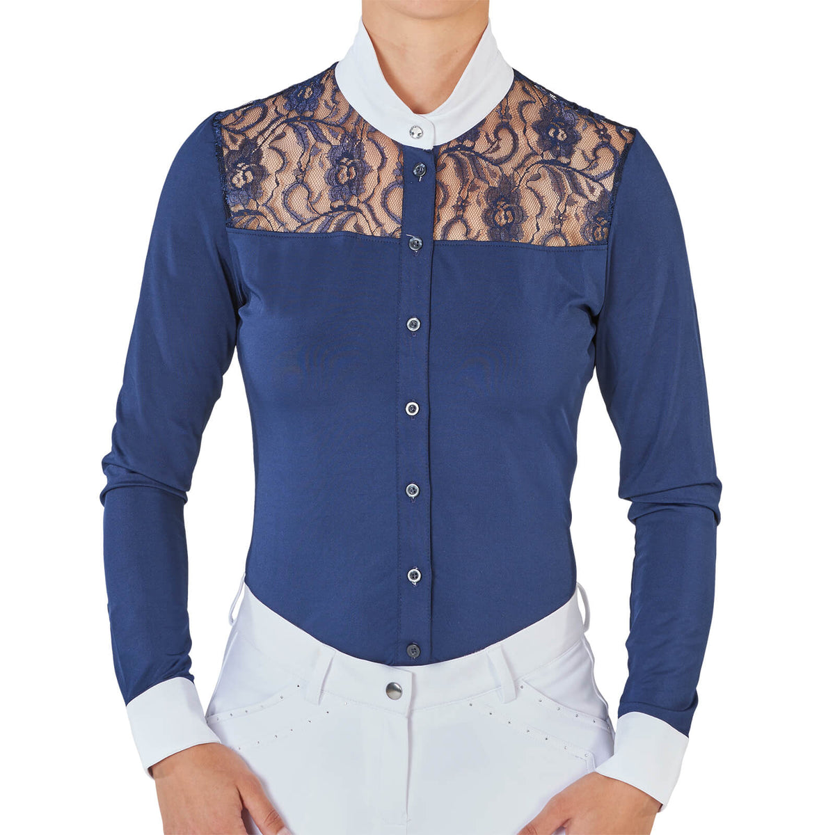 Turnier-Shirt Damen Novara II, Navy, an Person getragen mit Spitzeneinsatz und Stehkragen.
