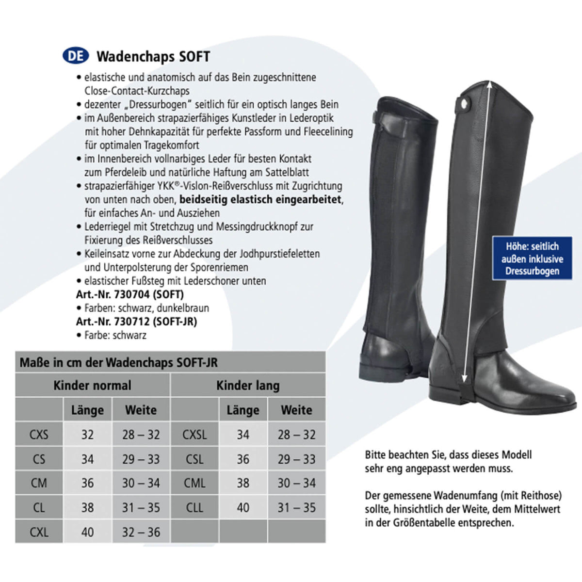 Wadenchaps Kinder Soft JR Kinderchaps, Schwarz, Produkt mit Größentabelle und zwei Chaps.