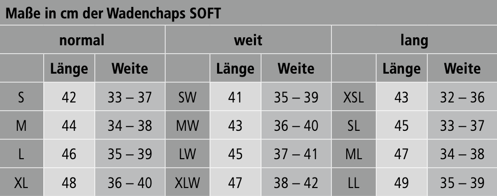 Wadenchaps Soft Kurzchaps, Maßtabelle mit Größen und Längen für normal, weit und lang.