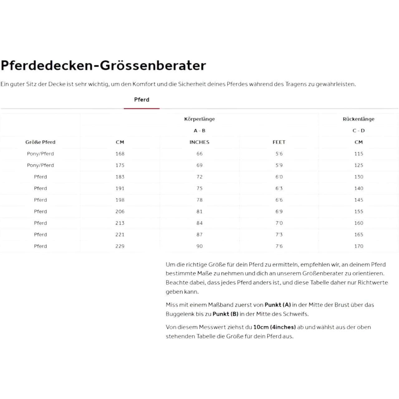 Horseware Ireland Unterdecke Ionic Therapy Liner, 200 g, Größenberater für Pferdedecken als Tabelle.