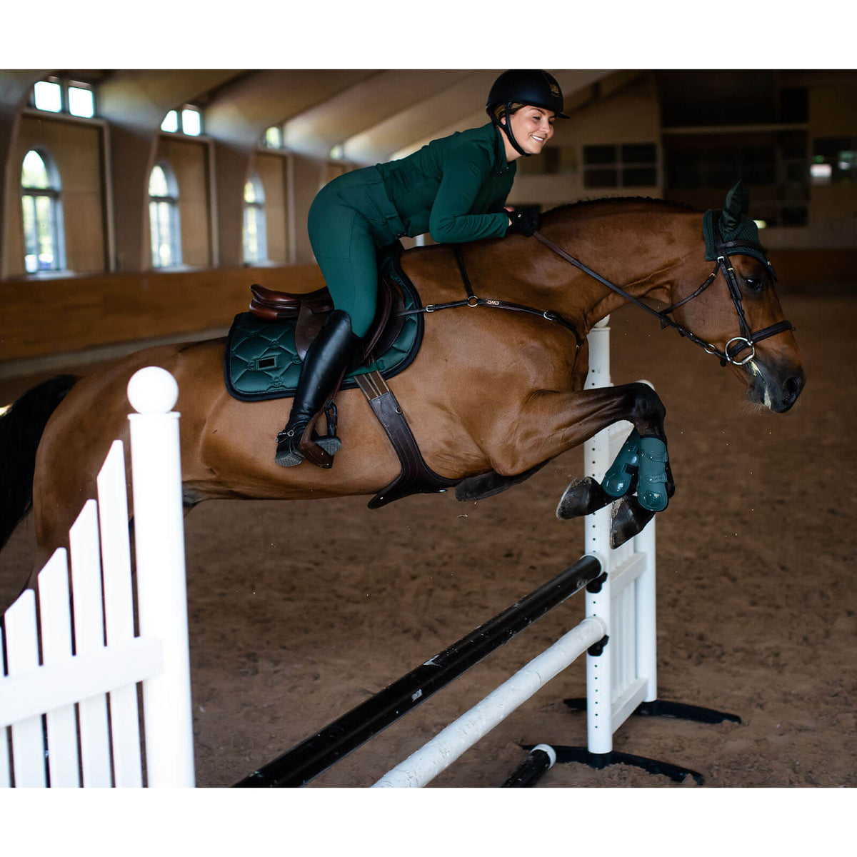 Equestrian Stockholm Schabracke Sycamore Green Springschabracke, Sycamore Green, Reiterin auf springendem Pferd im Reitstall.