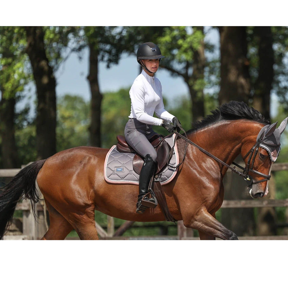 Equestrian Stockholm Springschabracke Dusty Pink, Shiny Grey, Reiterin auf braunem Pferd im Freien.