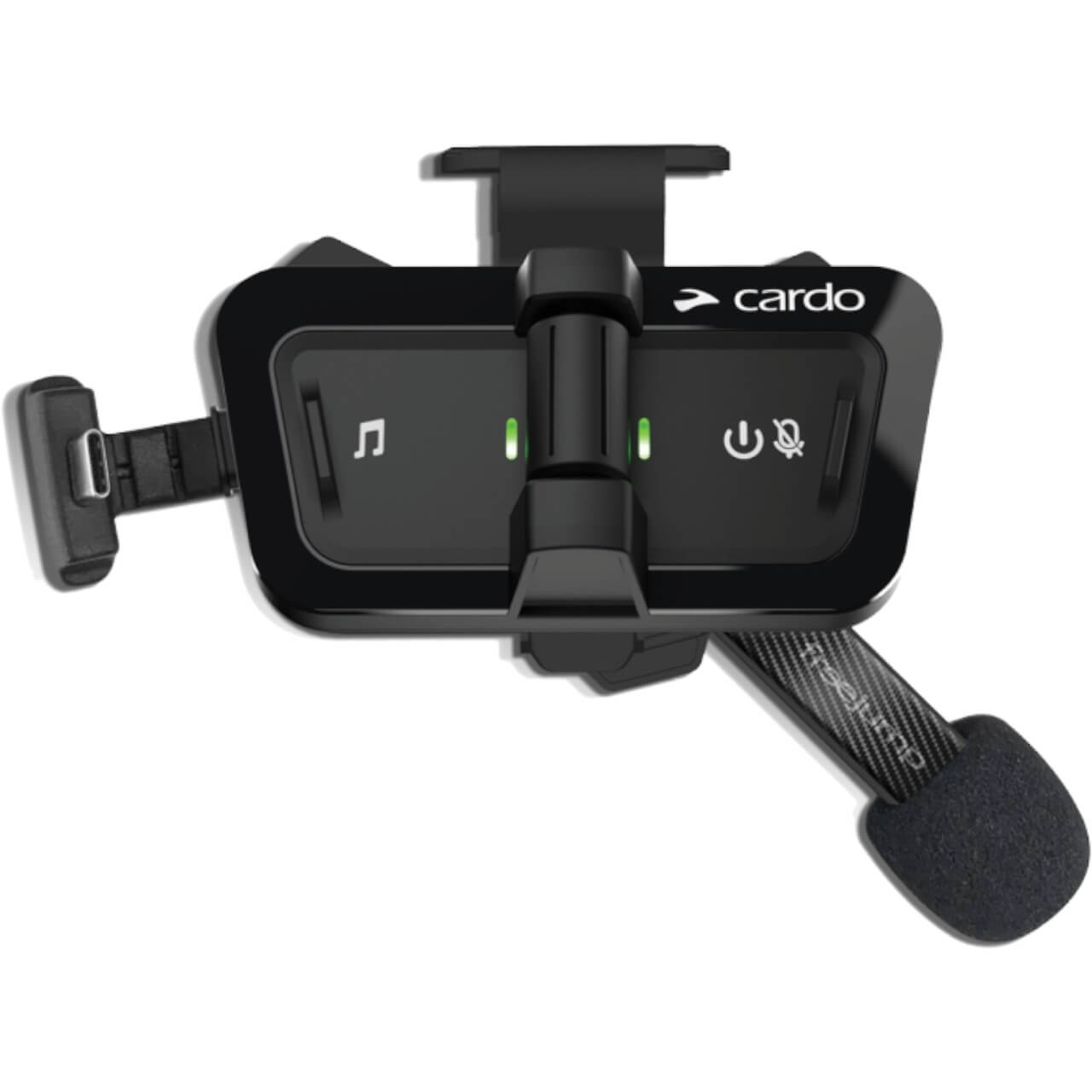 Headset Intercom Audio Kit powered by Cardo, Schwarz, Detailaufnahme des Produkts auf weißem Hintergrund.