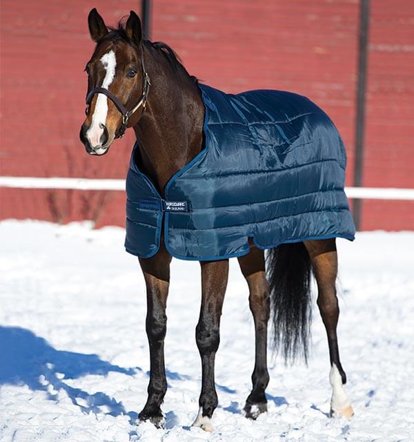 Horseware Ireland Unterdecke 200g Liner, Midsummer Blue, Pferd trägt die Unterdecke im Schnee.