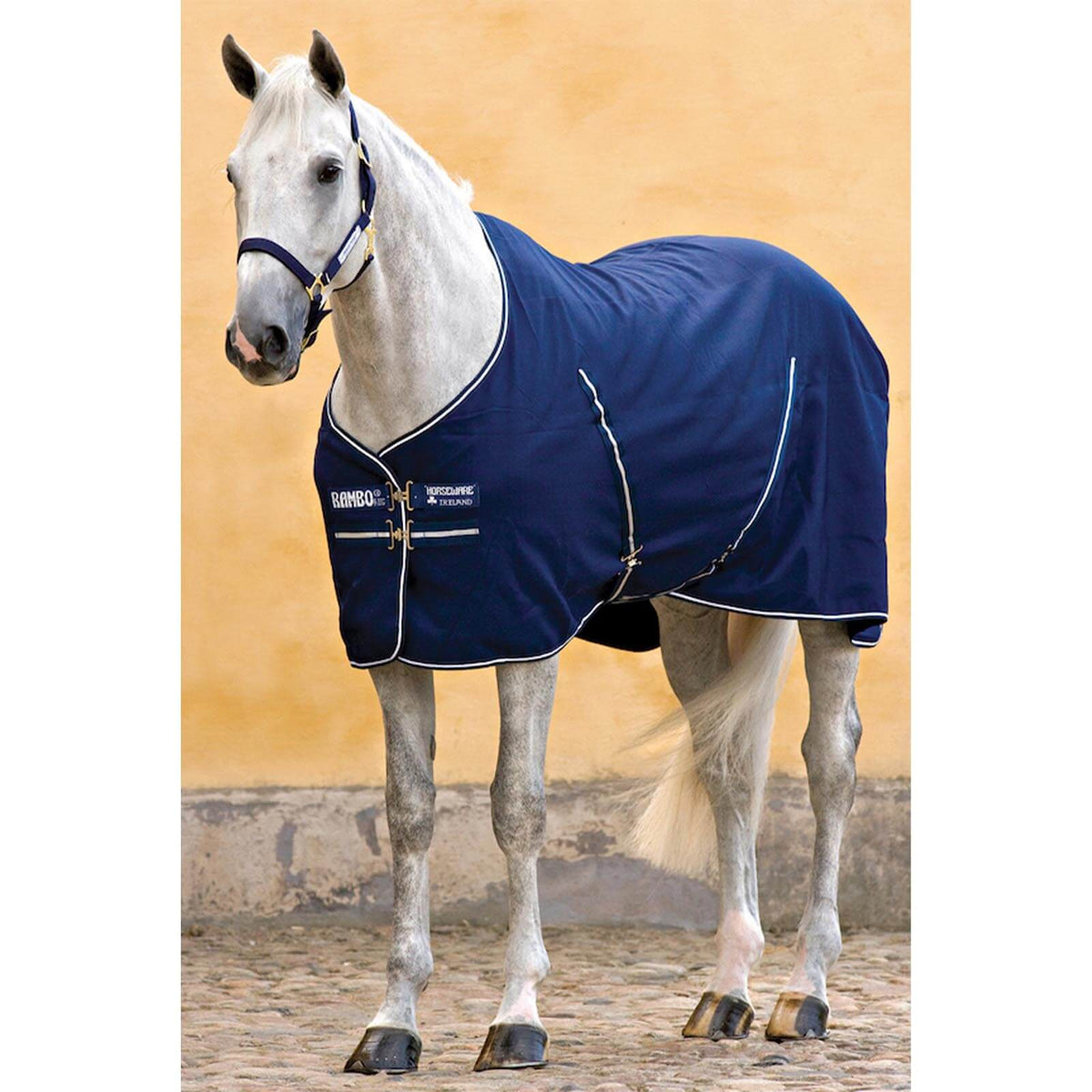 Stalldecke Rambo Stable Rug 200g Winterdecke, Marine, Pferd trägt die Decke im Stall.