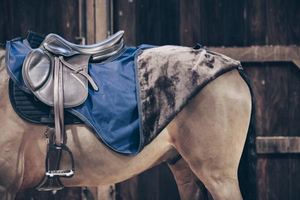 Ausreitdecke 160g All Weather wasserdicht, Midsummer Blue, auf Pferd im Stall.