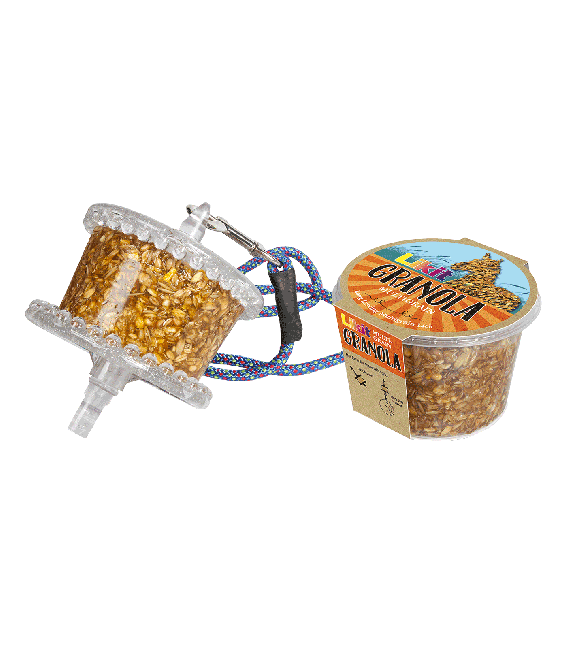 Likit Leckstein Müsli 550g, Produkt allein mit Halter und Becher auf schwarzem Hintergrund.