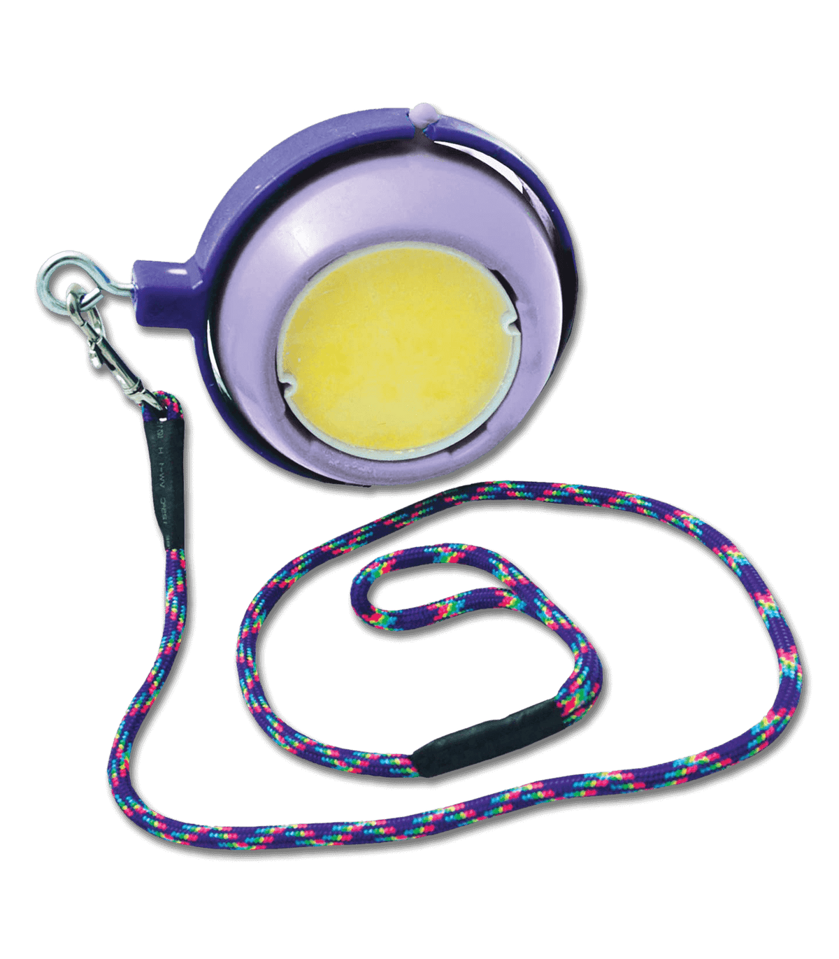 Pferdespielzeug Likit Boredom Buster, Lila, Produkt mit Aufhängung und Seil auf schwarzem Hintergrund.