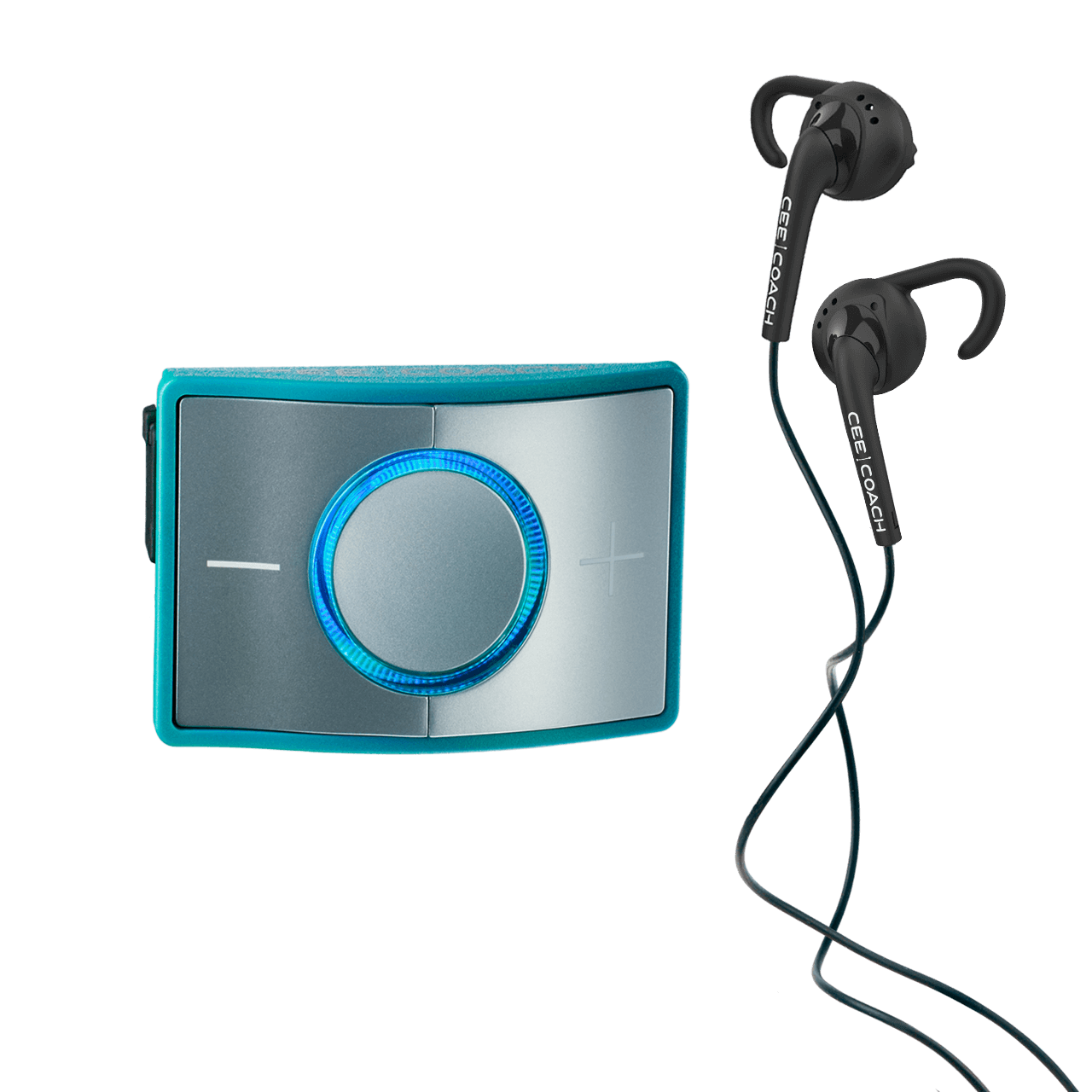 CEECOACH 2 Single Set Kommunikationssystem Reittraining, Turquoise, Produkt mit Ohrhörern auf schwarzem Hintergrund.