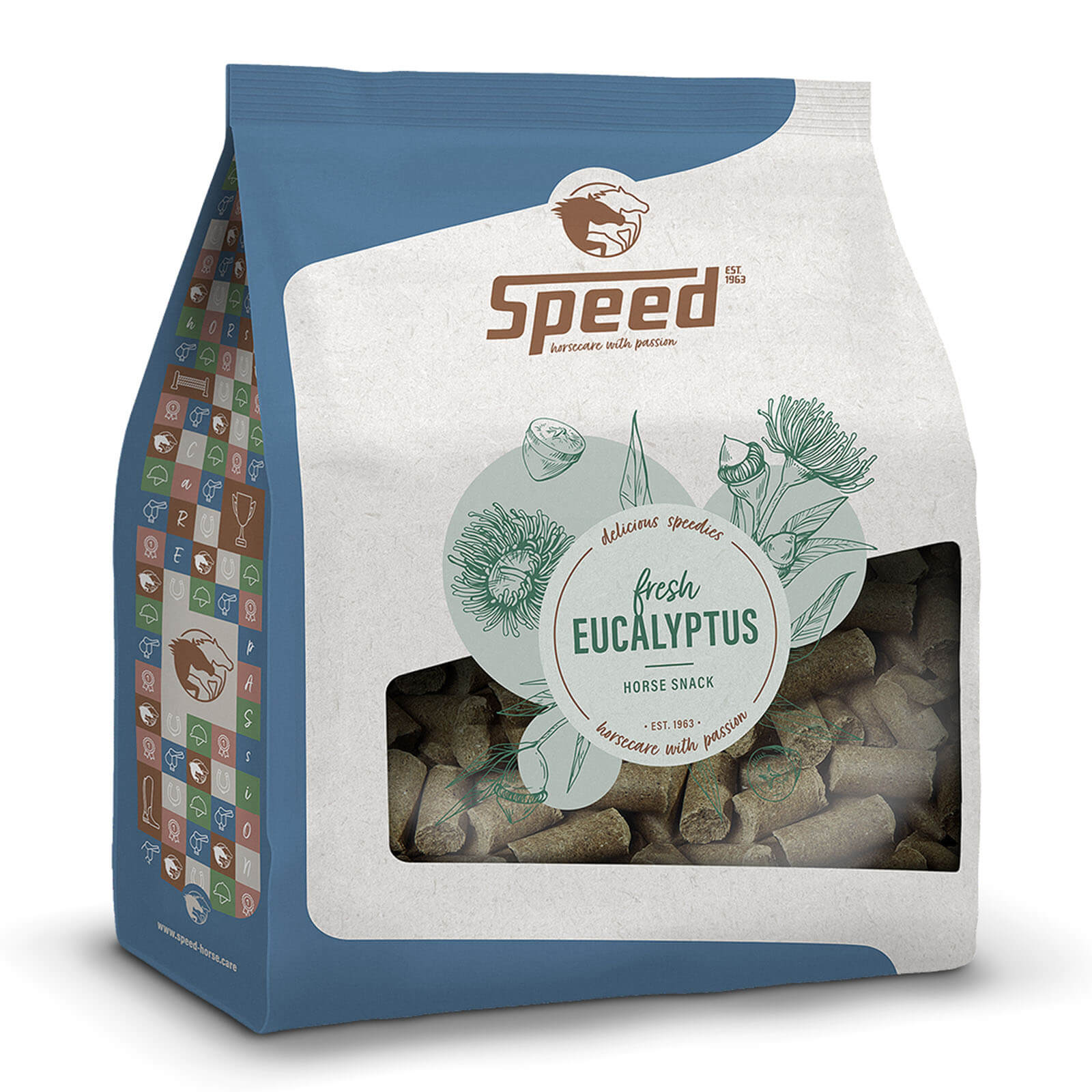 Speed Leckerlies Delicious Speedies Eukalyptus, 5 kg, Verpackung mit Sichtfenster auf weißem Hintergrund.