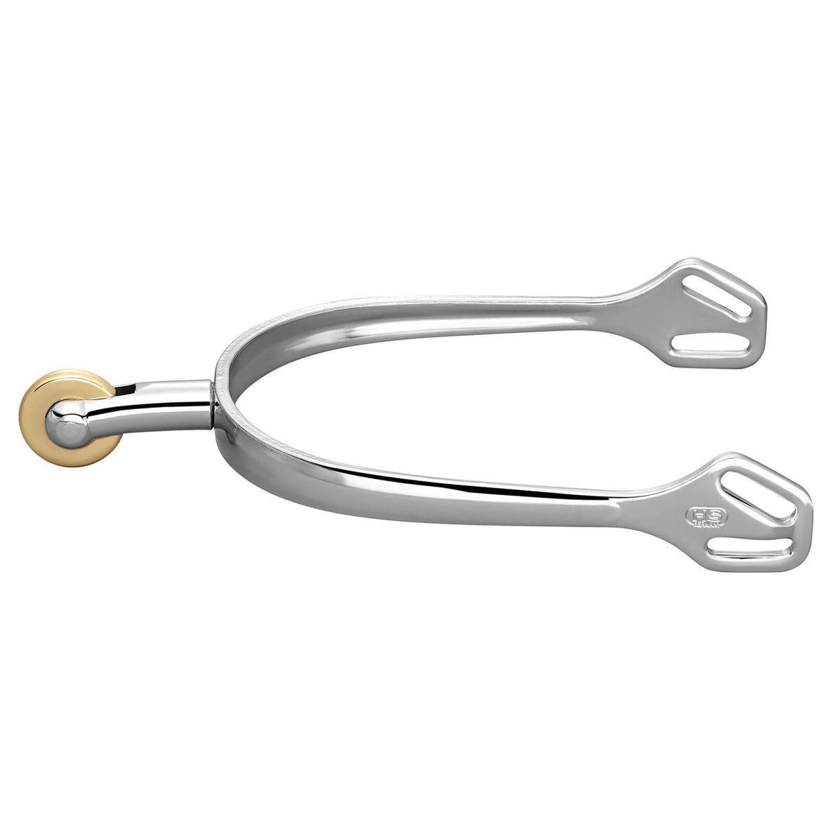Sporen Ultra Fit Comfort Roller 35 MM, Silber, Einzelspore mit goldenem Rad auf weißem Hintergrund.