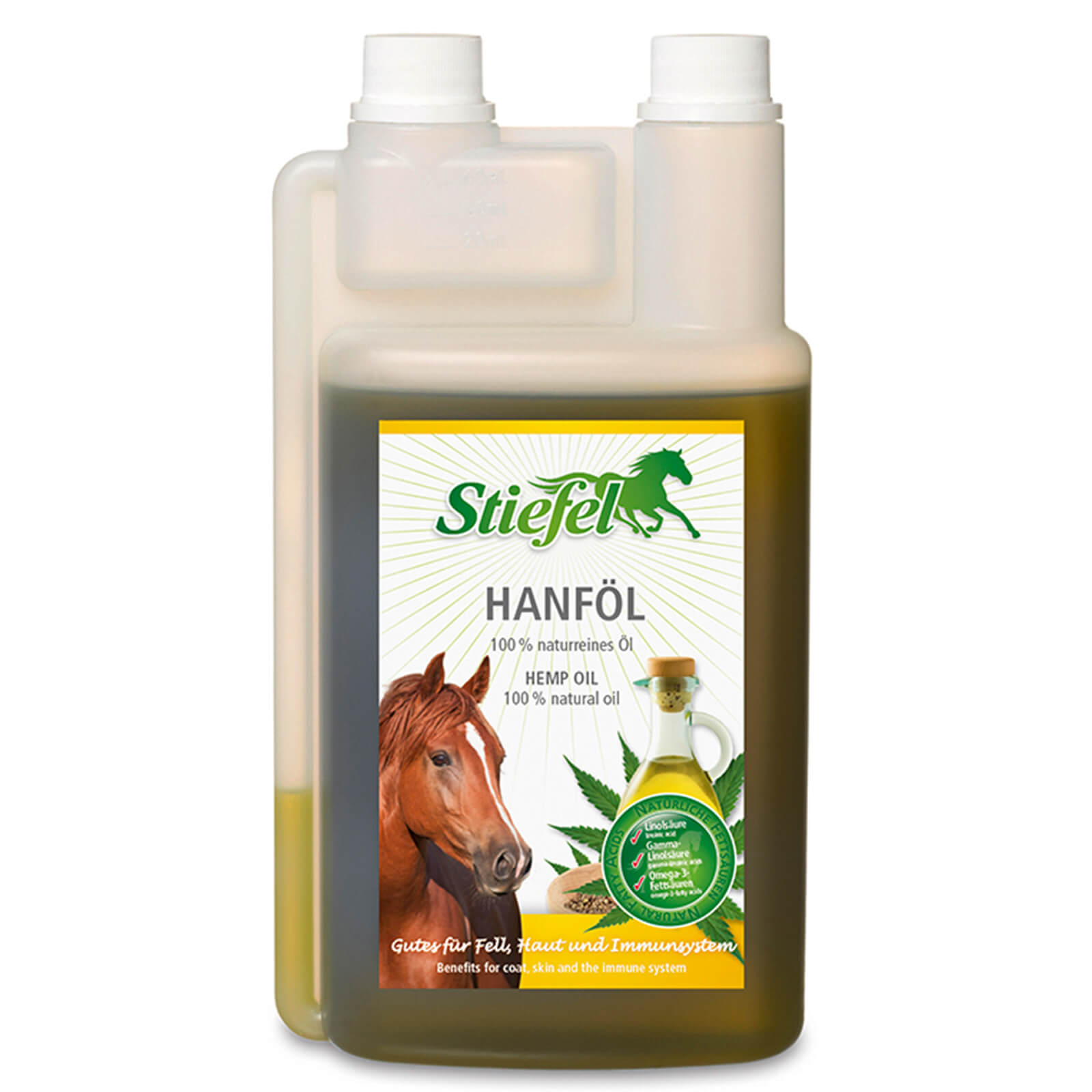 Stiefel Hanföl Ergänzungsfuttermittel für Pferde, Produkt allein auf weißem Hintergrund.