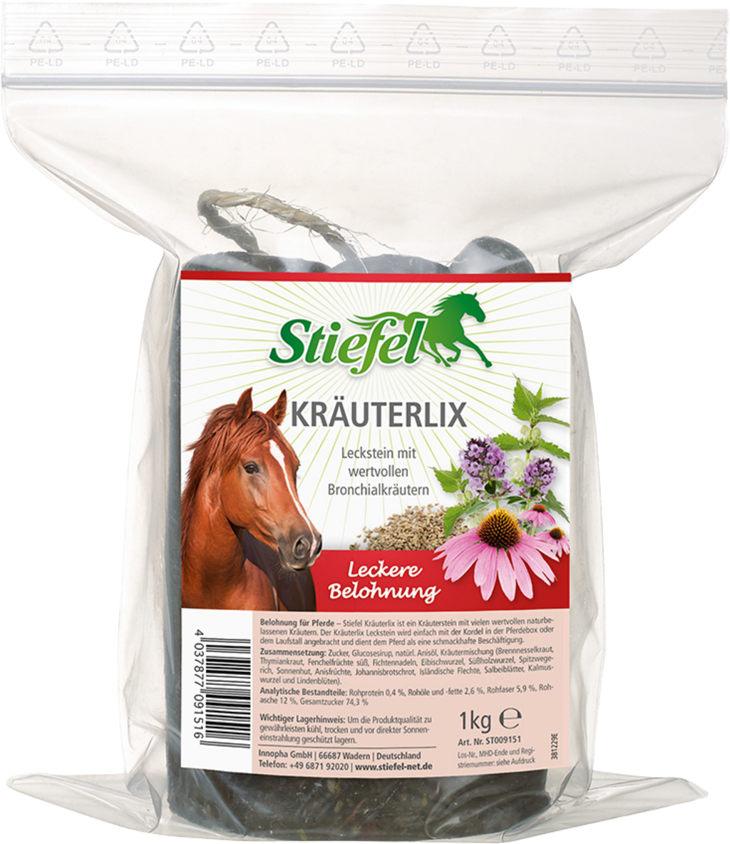 Stiefel Leckstein Kräuterlix Pferdeleckstein, 1 kg, Produkt allein in transparenter Verpackung.