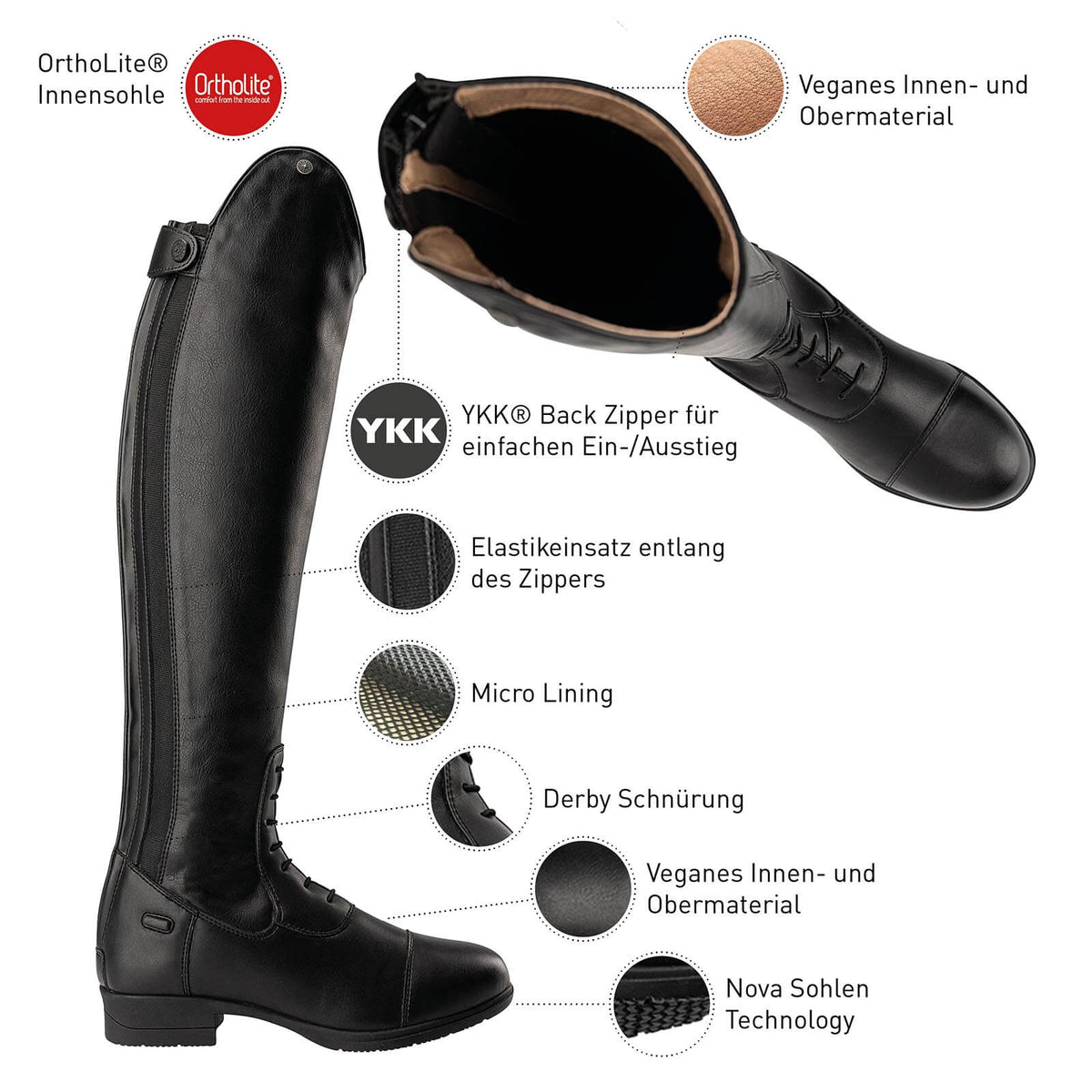 Reitstiefel Nova Tall Vegan, Schwarz, Detailaufnahme mit geöffnetem Schaft und seitlicher Ansicht.