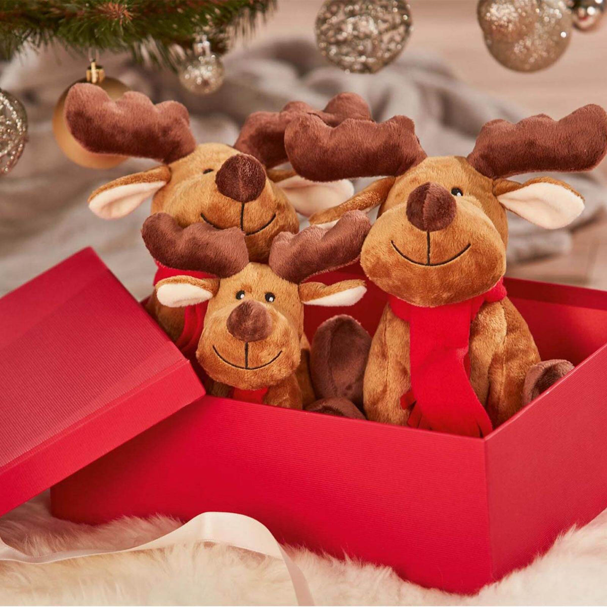 Plüschelch Rudolph Hundespielzeug, mehrere Farbvarianten, drei Elchspielzeuge in roter Geschenkbox.
